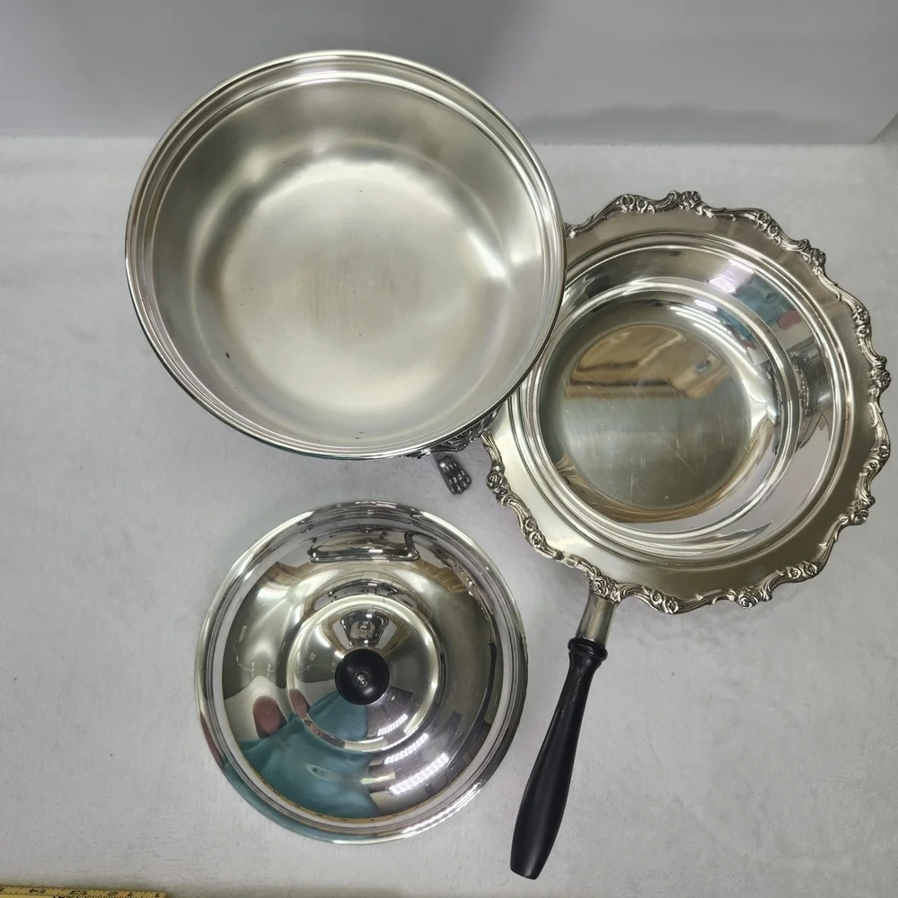 Vtg Elegant Silver Chafing Dish with Black Handle Used To Keep The Food Warm.